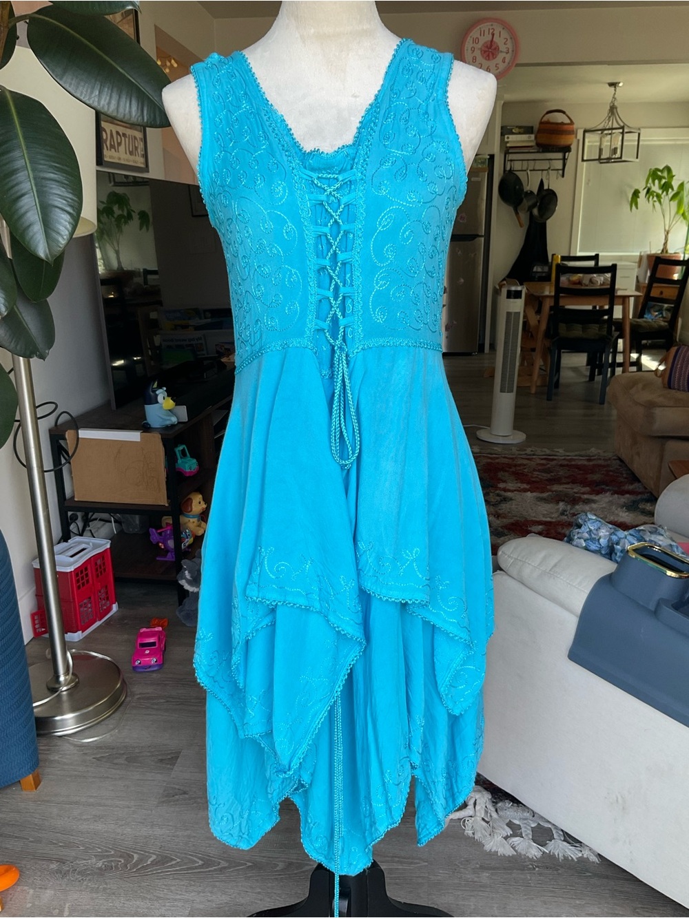 Turquoise Fairycore Boho Embroidered Lace-Up Sleeveless Dress Small/Medium